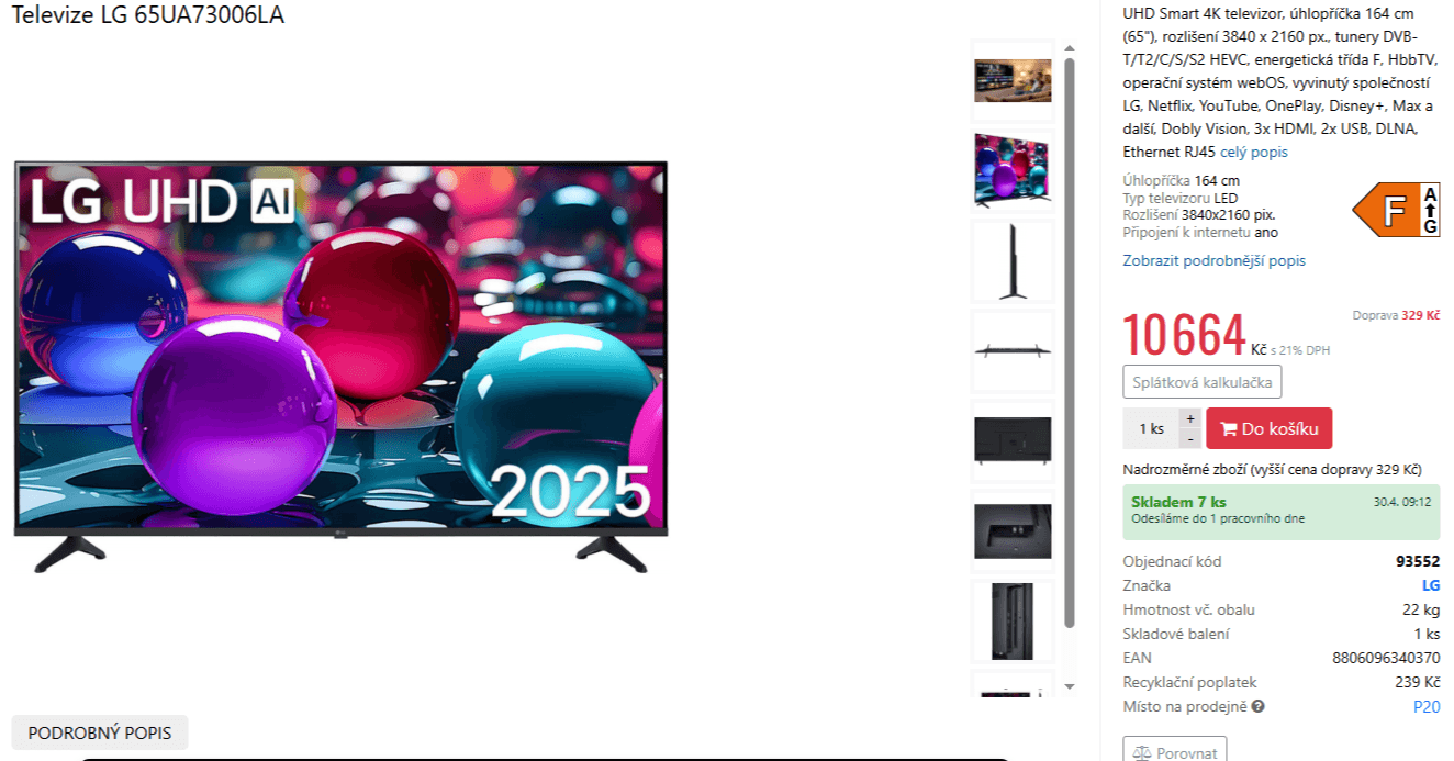 4K Smart TV, 164 cm, LG