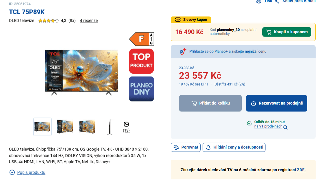 QLED 4K Google TV, 189 cm - TCL