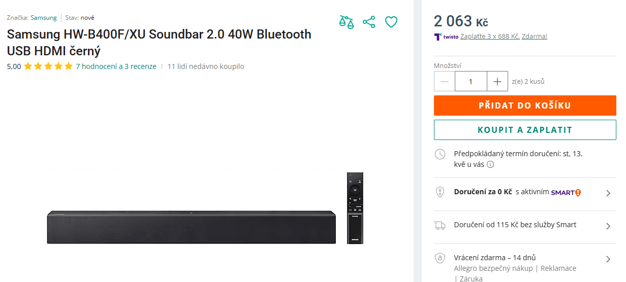 Soundbar Samsung 2.0, 40 W, subwoofer