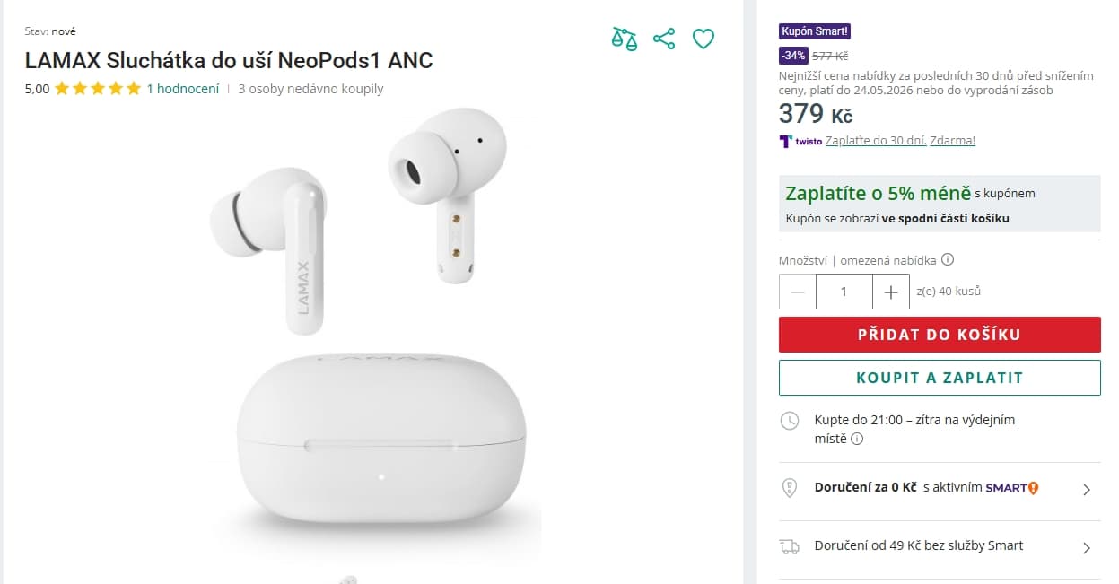BT sluchátka LAMAX NeoPods1 ANC, 42 hodin