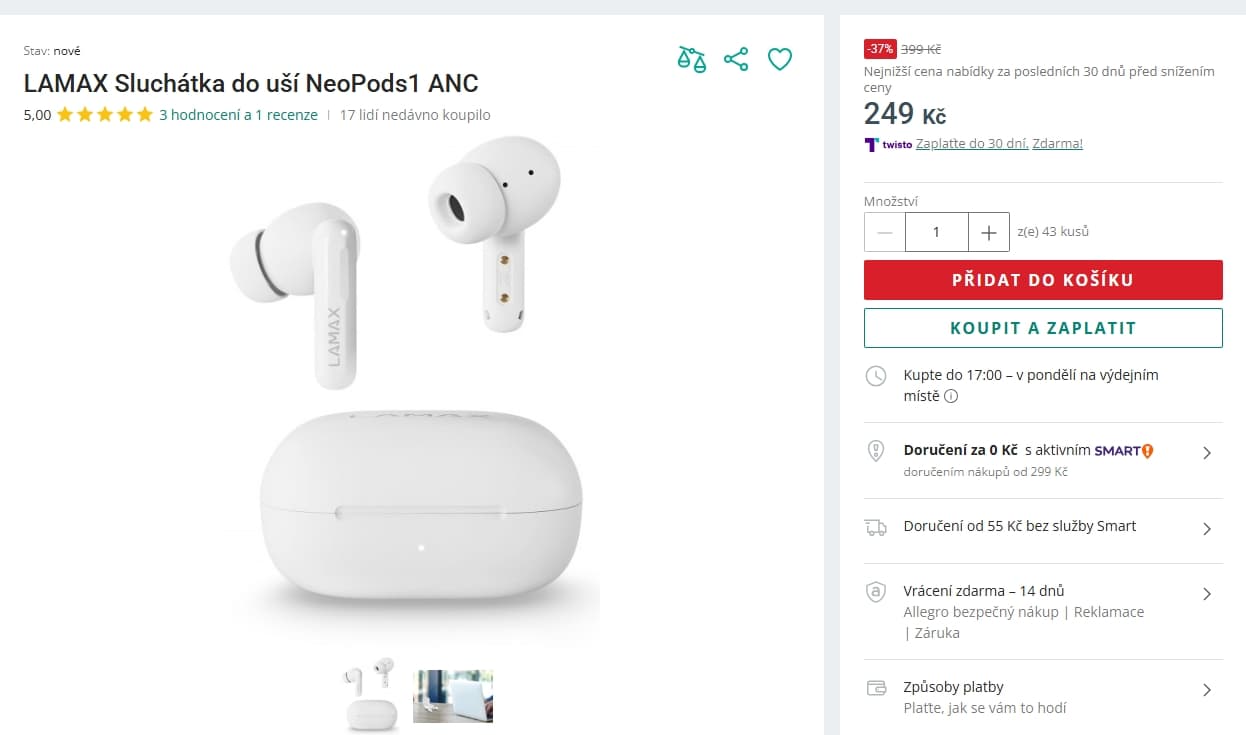 BT sluchátka LAMAX NeoPods1 ANC, 42 hodin