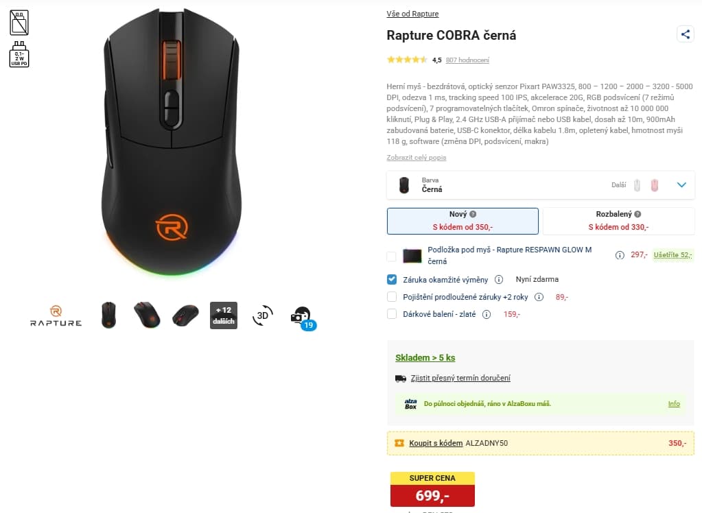 BT herní myš Rapture Cobra, RGB