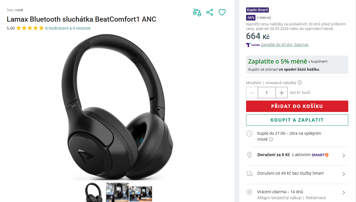 BT sluchátka Lamax ANC, 55 hodin