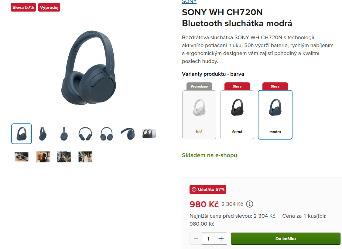 BT sluchátka SONY ANC, 50 hodin