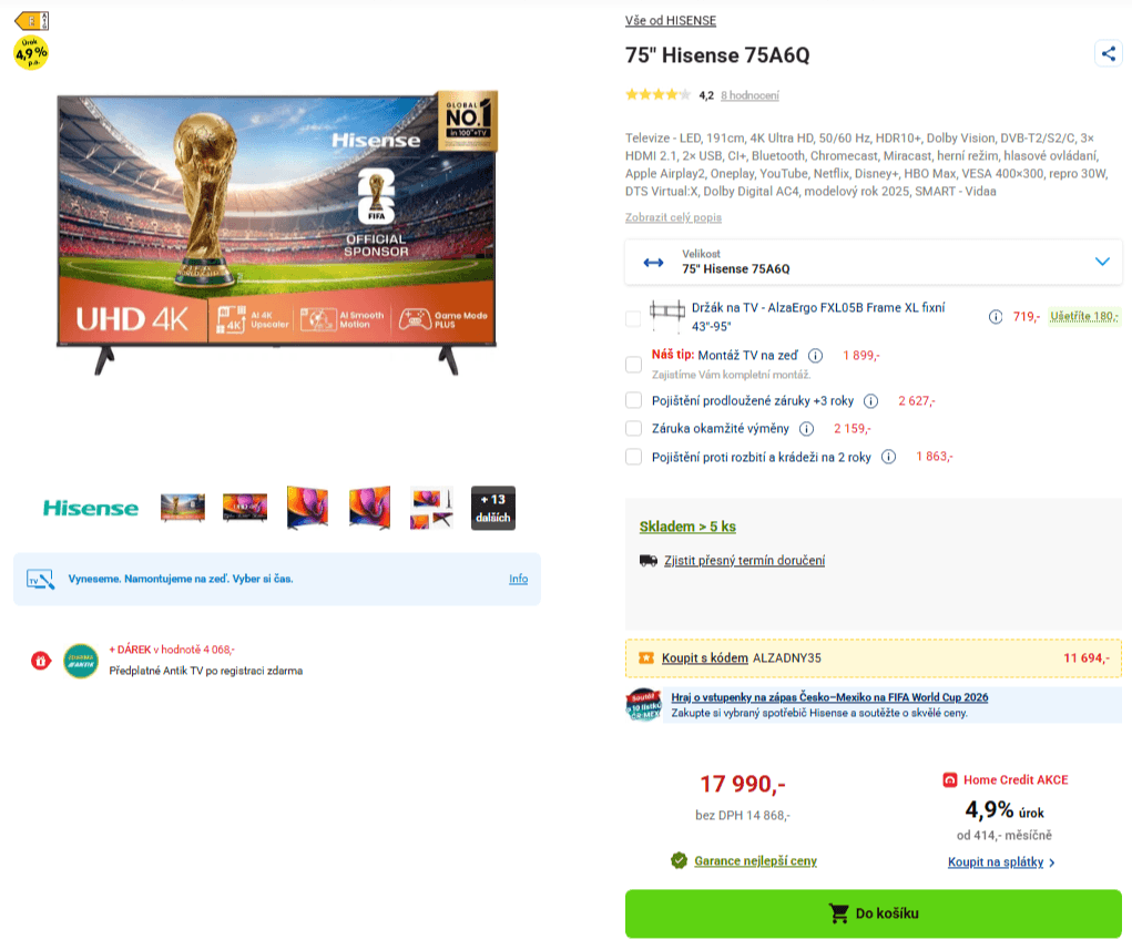 4K Smart TV, 189 cm, Hisense