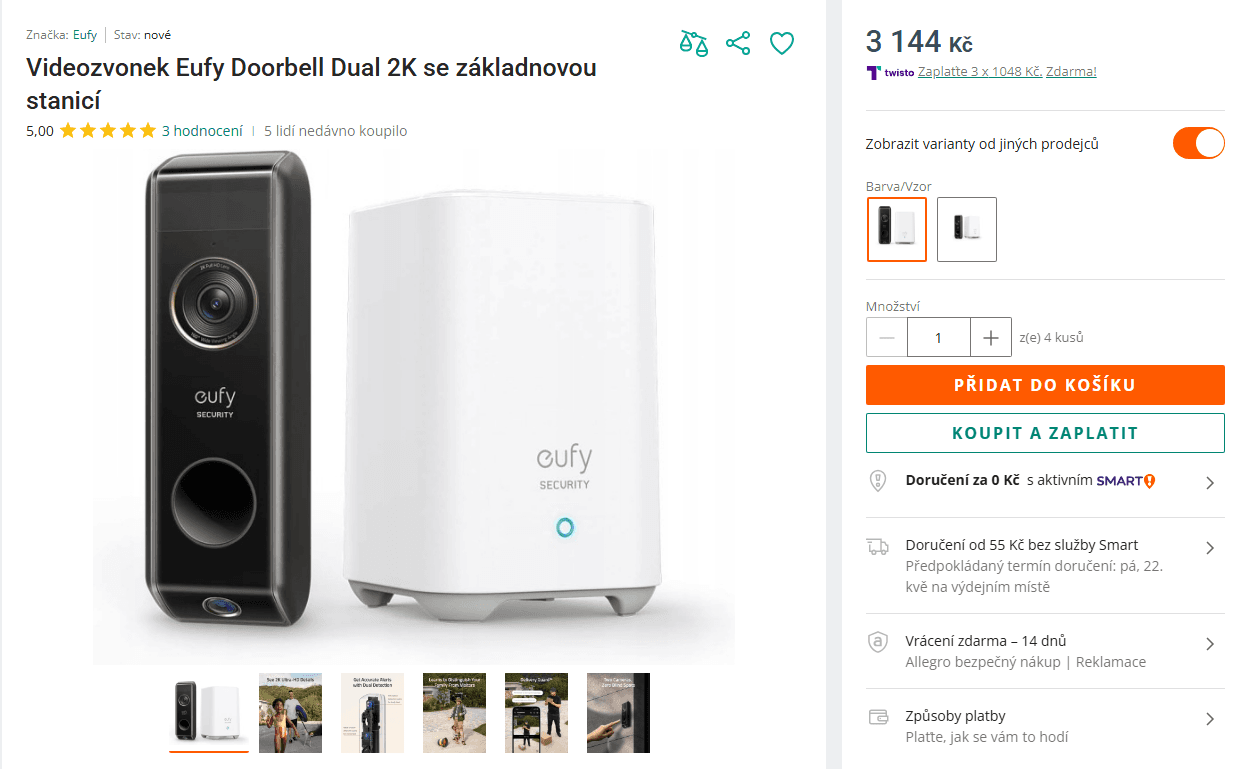 Dual 2K videozvonek Anker Eufy, Wifi, úložiště