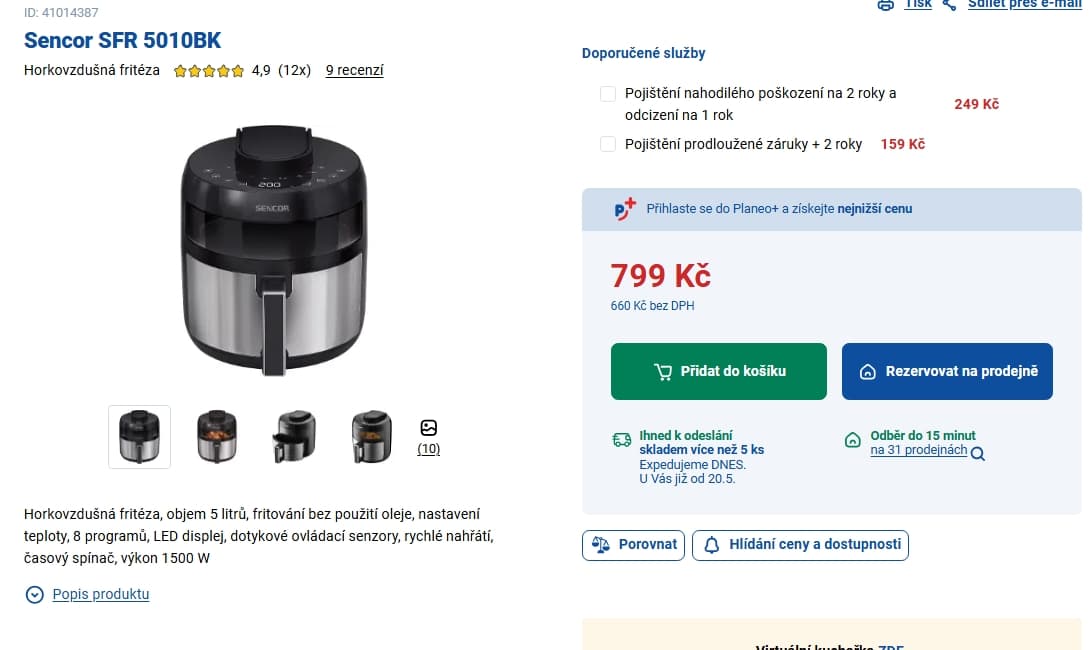 Horkovzdušná fritéza Sencor 5 l., 8 prg
