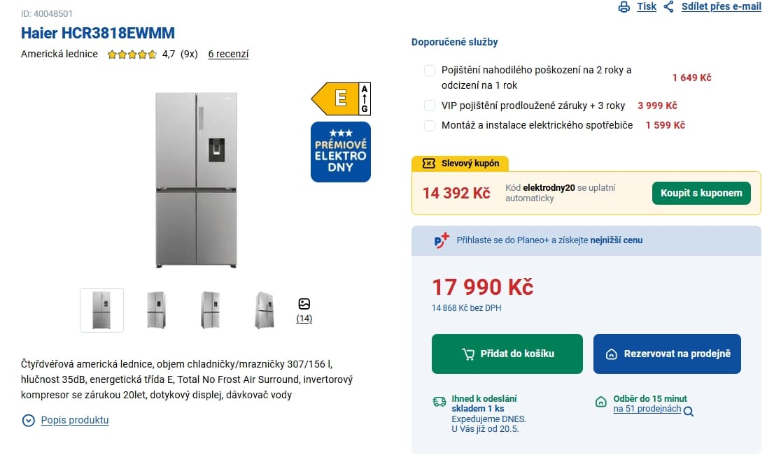 Americká lednice Haier, voda, 182cm