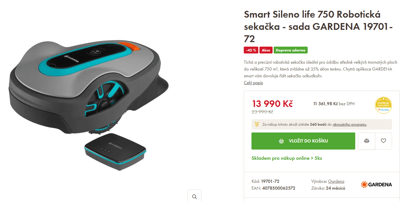 Robotická sekačka Gardena 750m, baterka, nabíječka