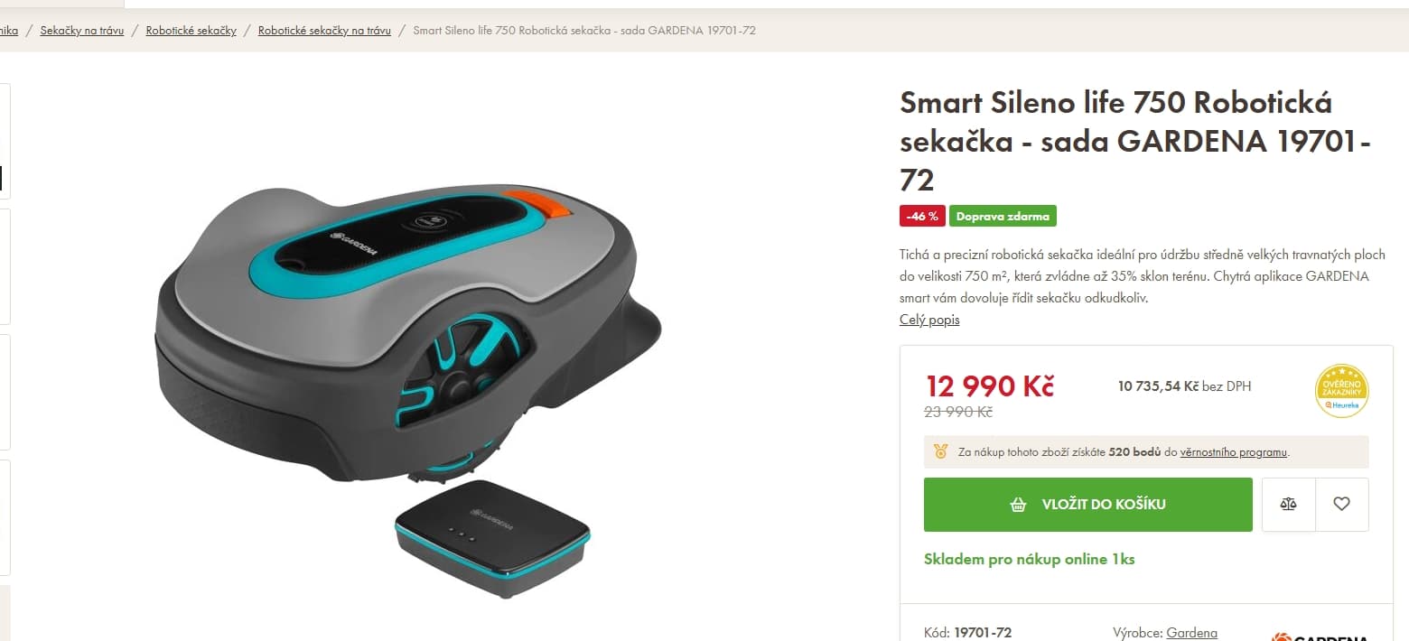 Robotická sekačka Gardena 750m, baterka, nabíječka