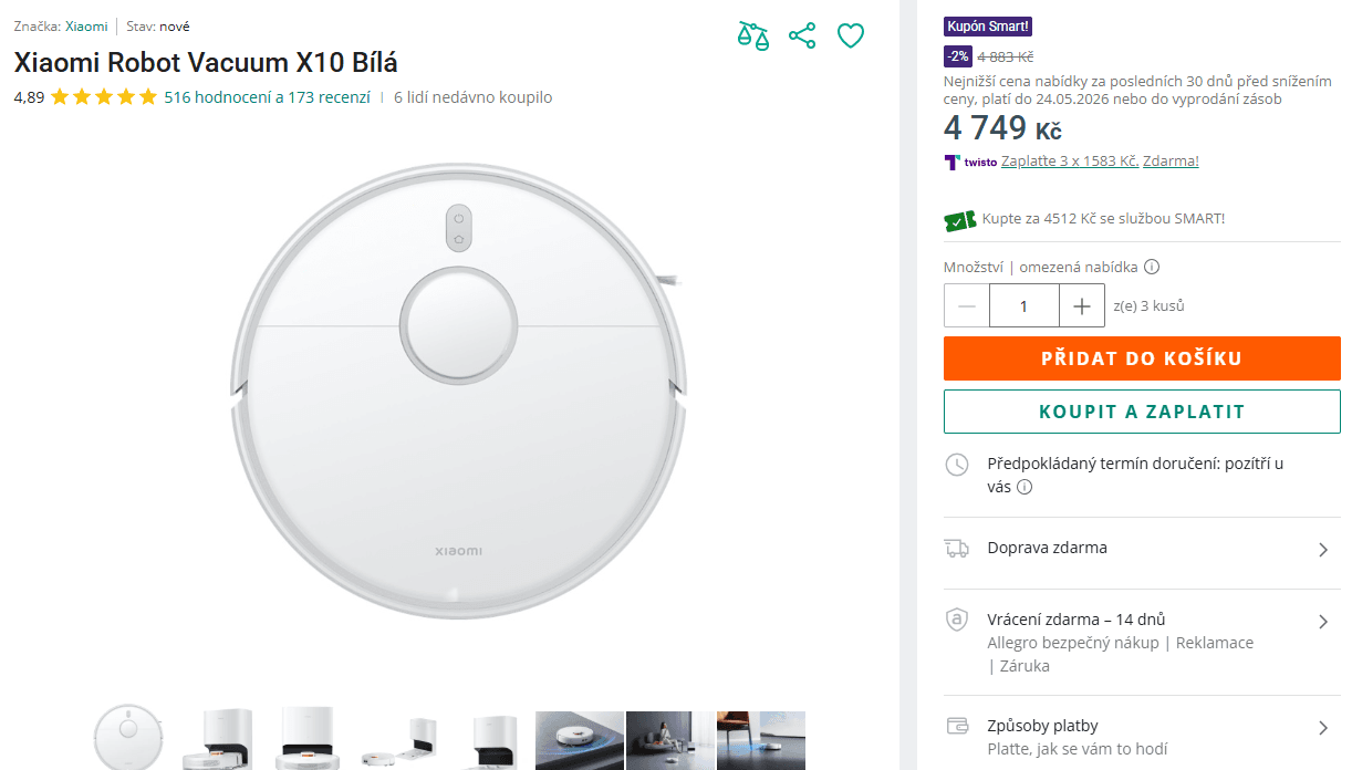 Robot vysavač / mop Xiaomi X10, stanice
