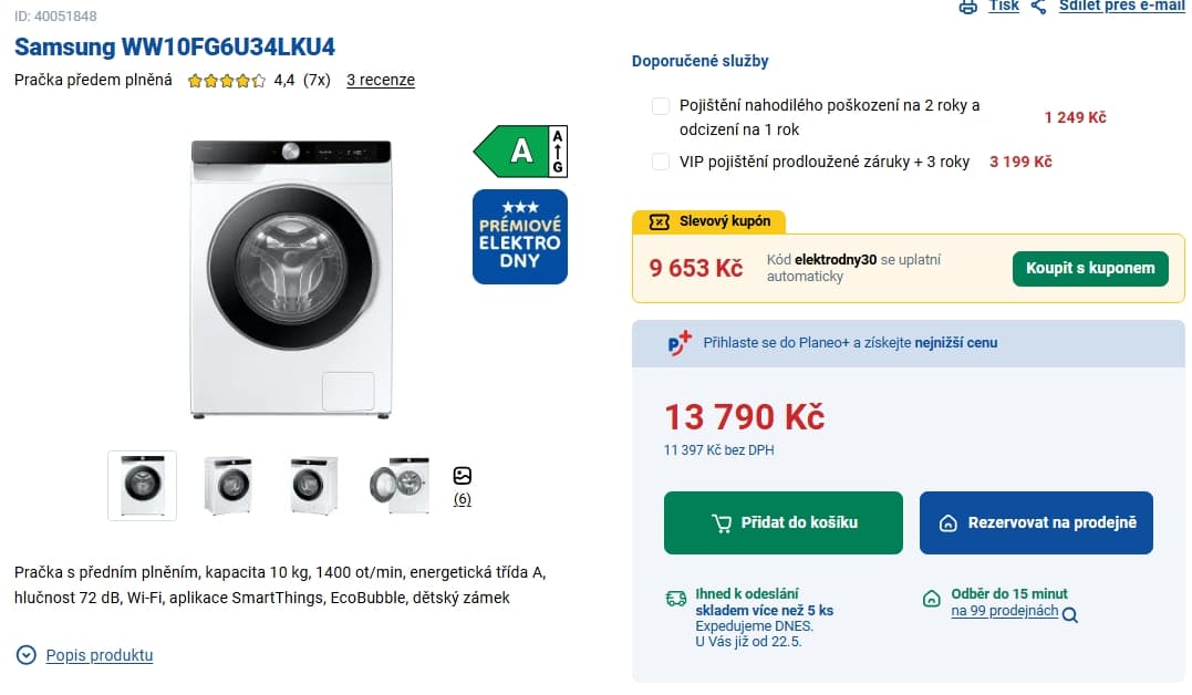Parní pračka Samsung, 10 kg, 1400ot., A, Wifi