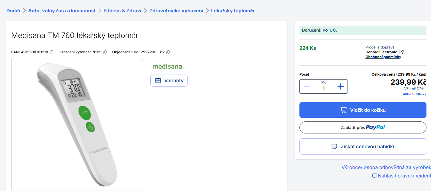 Bezdotykový infračervený teploměr Medisana