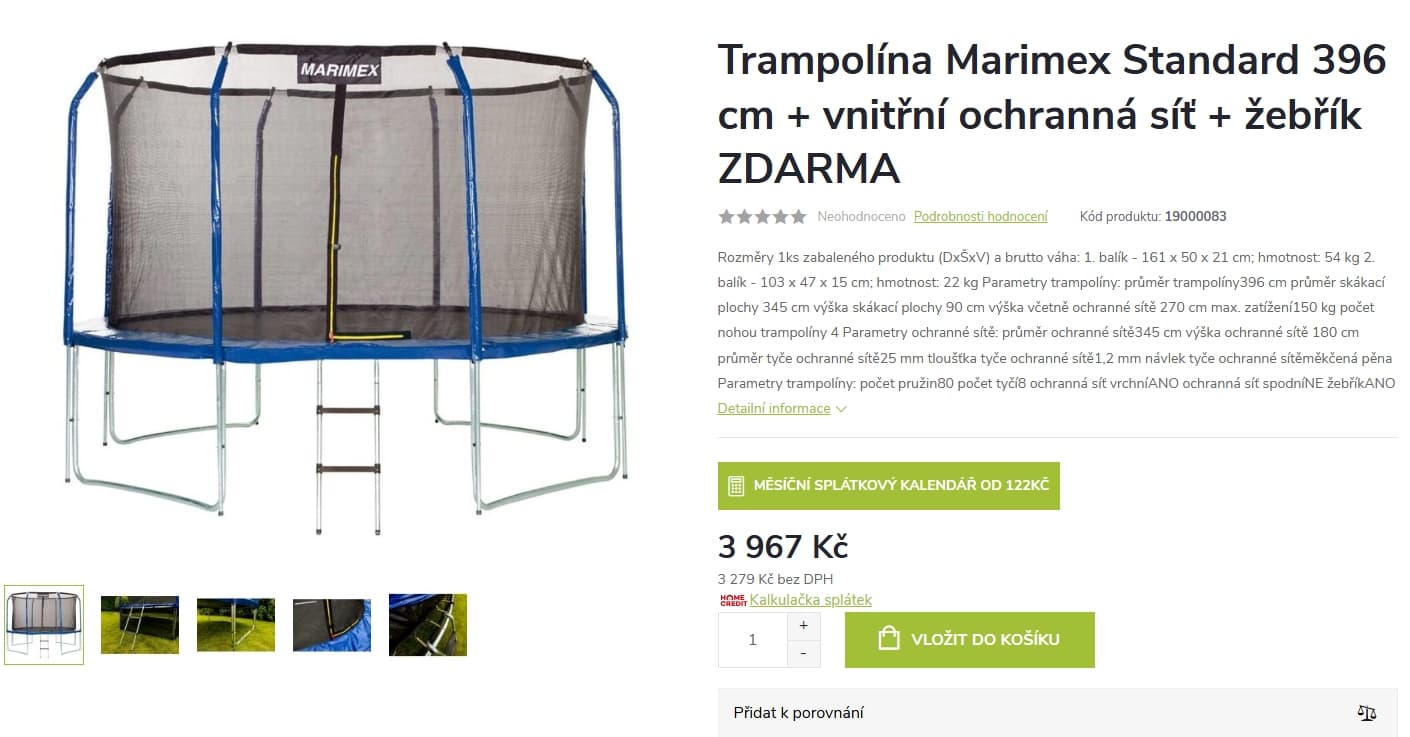 Trampolína Marimex 396 cm, síť, žebřík