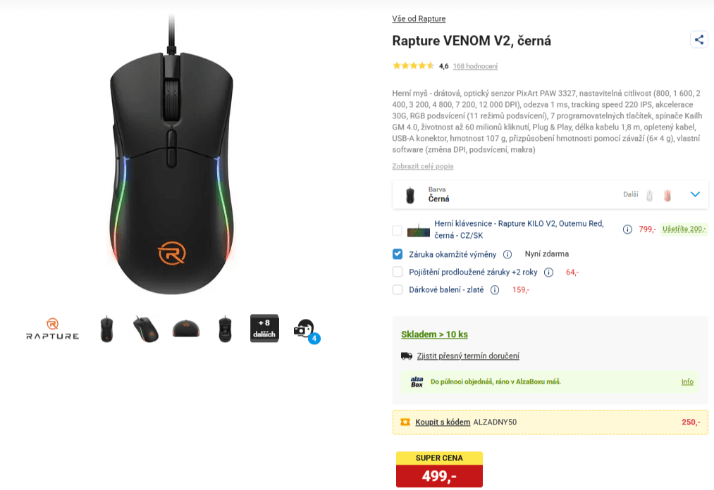 Herní myš Rapture Venom, RGB