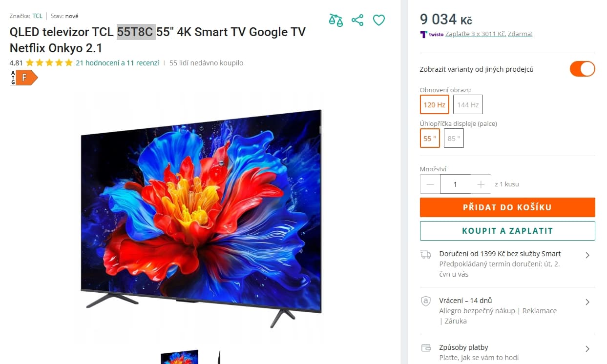 4K QLED Smart TV, 139 cm, 120Hz, Atmos, Onkyo TCL