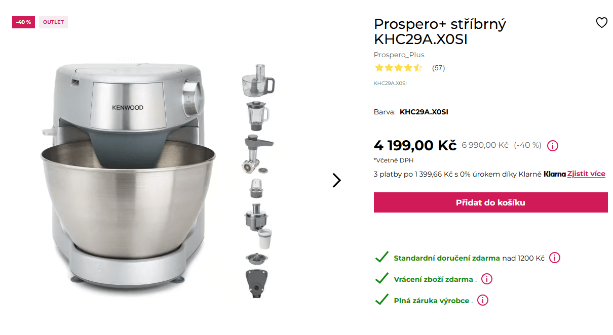 Kuchyňský robot Kenwood 4,3 l, planetární, váha, vybavení