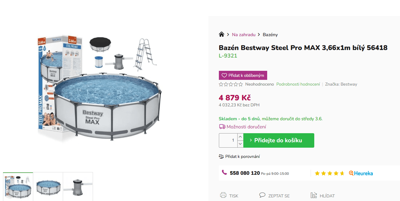 Bazén Bestway 3,66 x 1 m, filtrace, žebřík