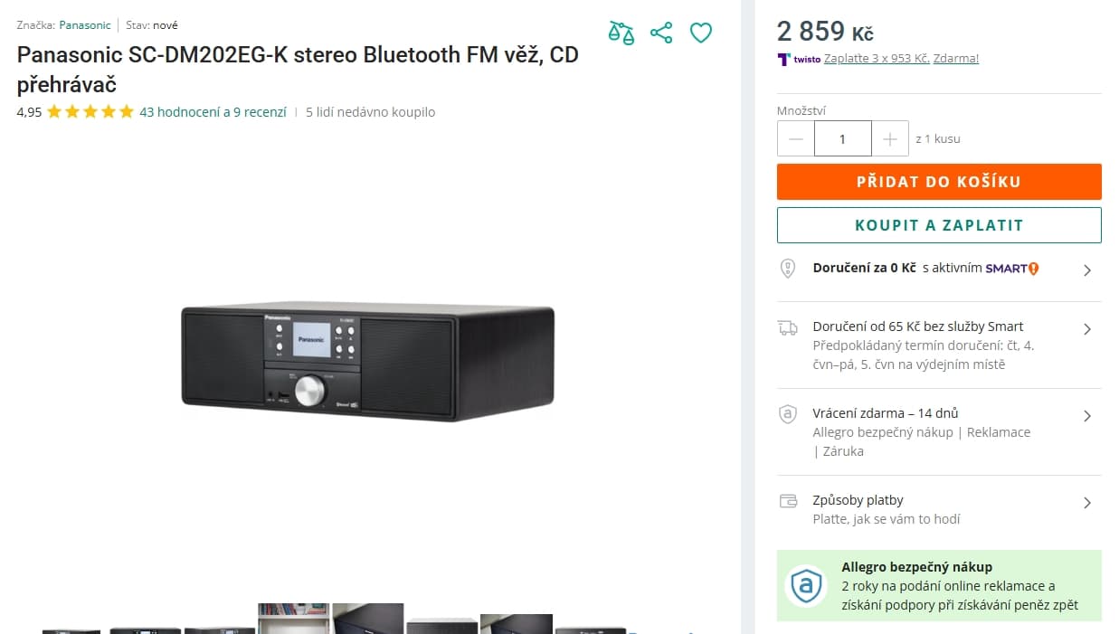 HIFI mikrosystém Panaconic, BT, 24W, USB, CD, DAB+, rádio