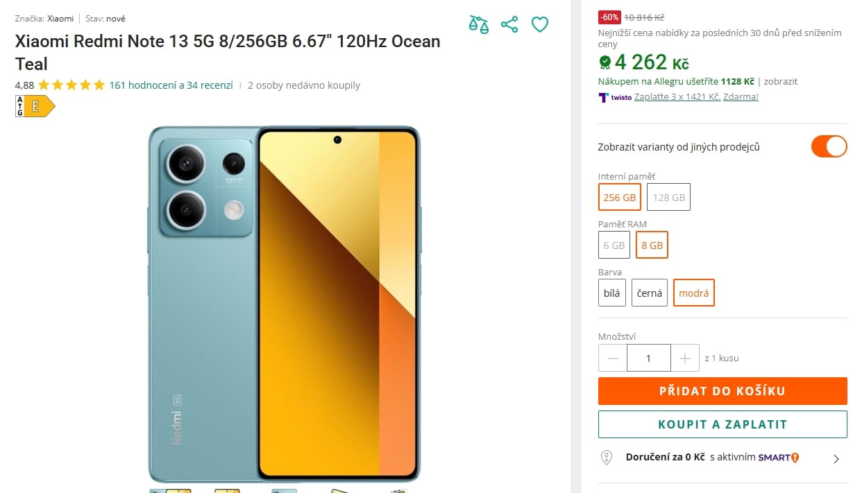 Xiaomi Redmi Note 13, 8x 2,4GHz, 8GB/256GB, 6,67"
