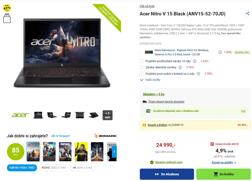Acer Nitro 4,9 GHz, 32/1000 GB, Nvidia 6GB, 15,6", 2,1 kg
