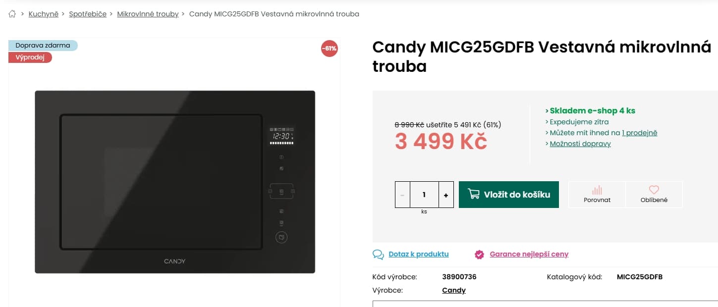 Vestavná mikrovlnka Candy, gril, 24,5cm