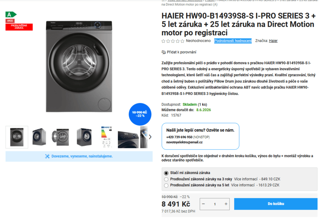Parní pračka Haier 9 kg, 1400ot., Wifi, A