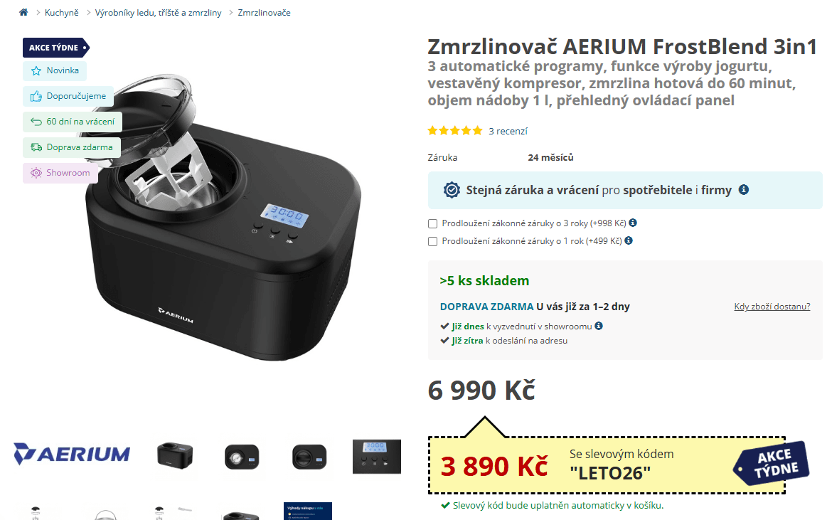 Kompresorový zmrzlinovač AERIUM, 1 l., tříšť, jogurtovač