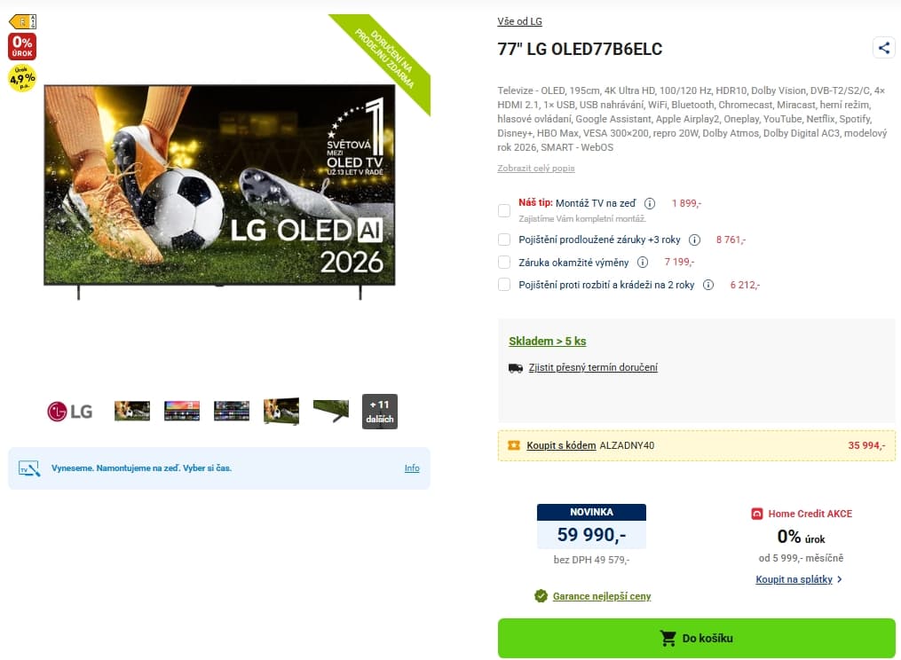 4K OLED 100 Hz, PiP, Atmos, 195 cm, LG