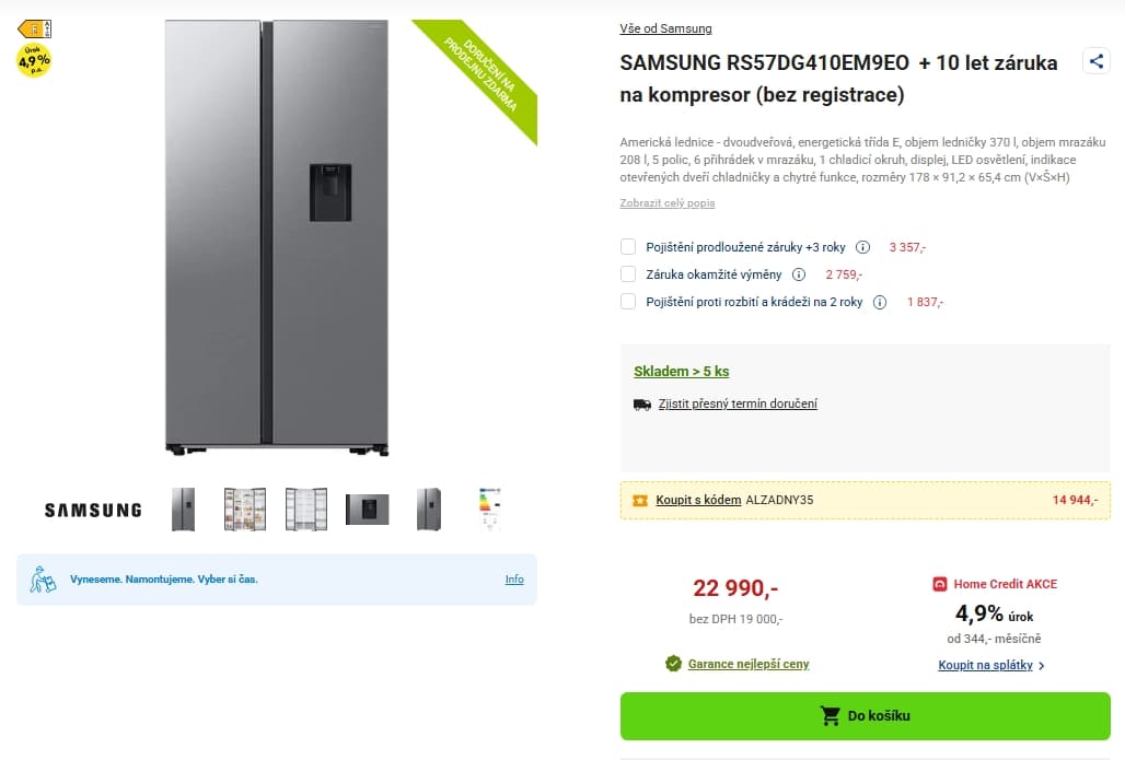 Americká lednice Samsung, no frost, BT, Wifi, voda, 178 cm
