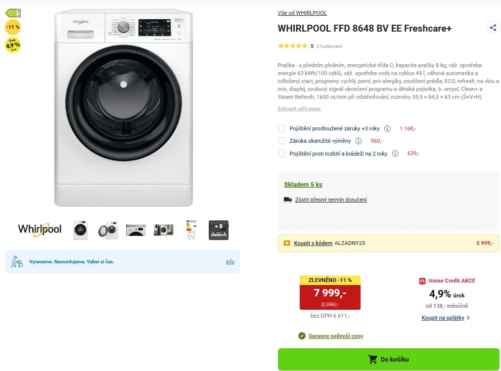 Parní pračka Whirlpool 8kg, 1600 ot., C