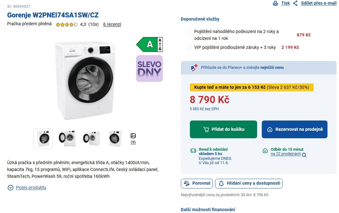 Parní pračka Gorenje 7 kg, 1400 ot., A, Wifi