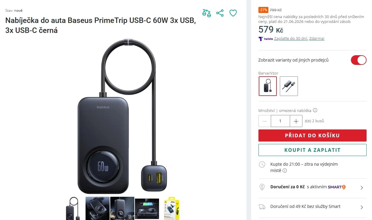 Nabíječka do auta Baseus, 60 W, 3x USB