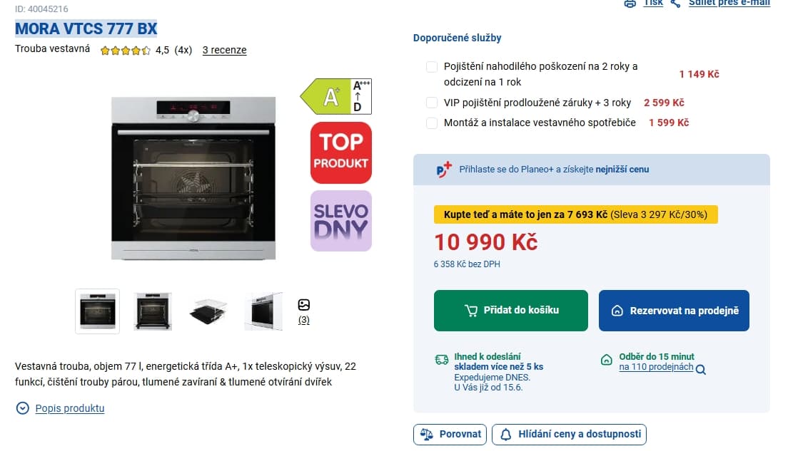 Vestavná trouba Mora 77 l., gril, pára