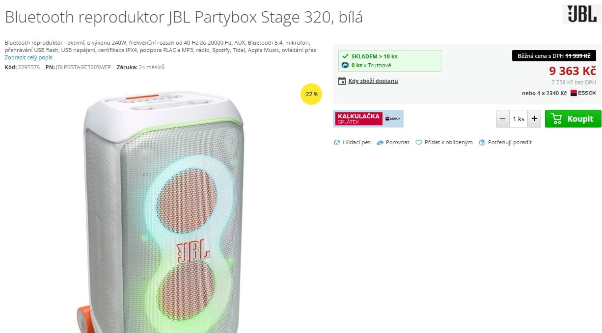 BT repro JBL 240 W, karaoke, 18 hod., světla