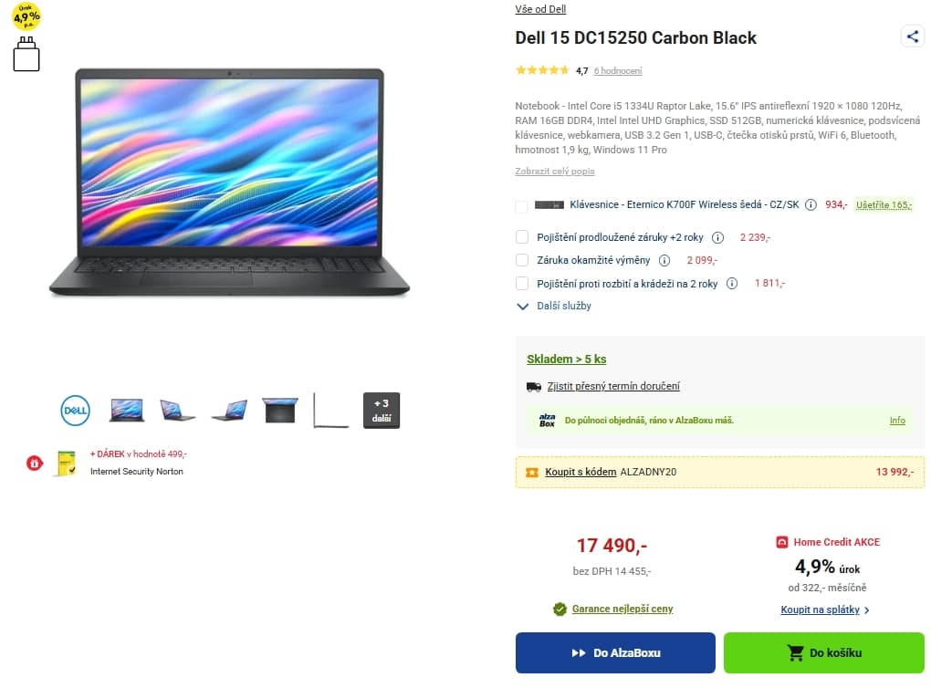 Dell i5 4,6 GHz, 16/512 GB, 15,6"