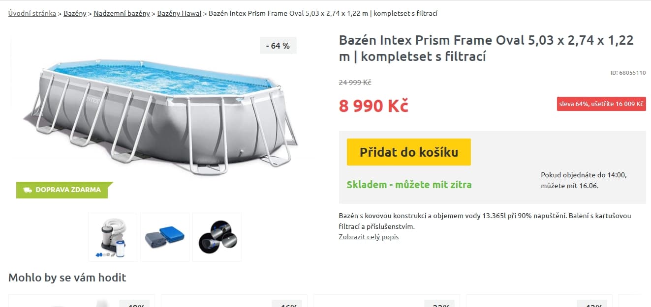 Bazén Intex 8 x 2,7 x 1,33 m, filtrace, schůdky