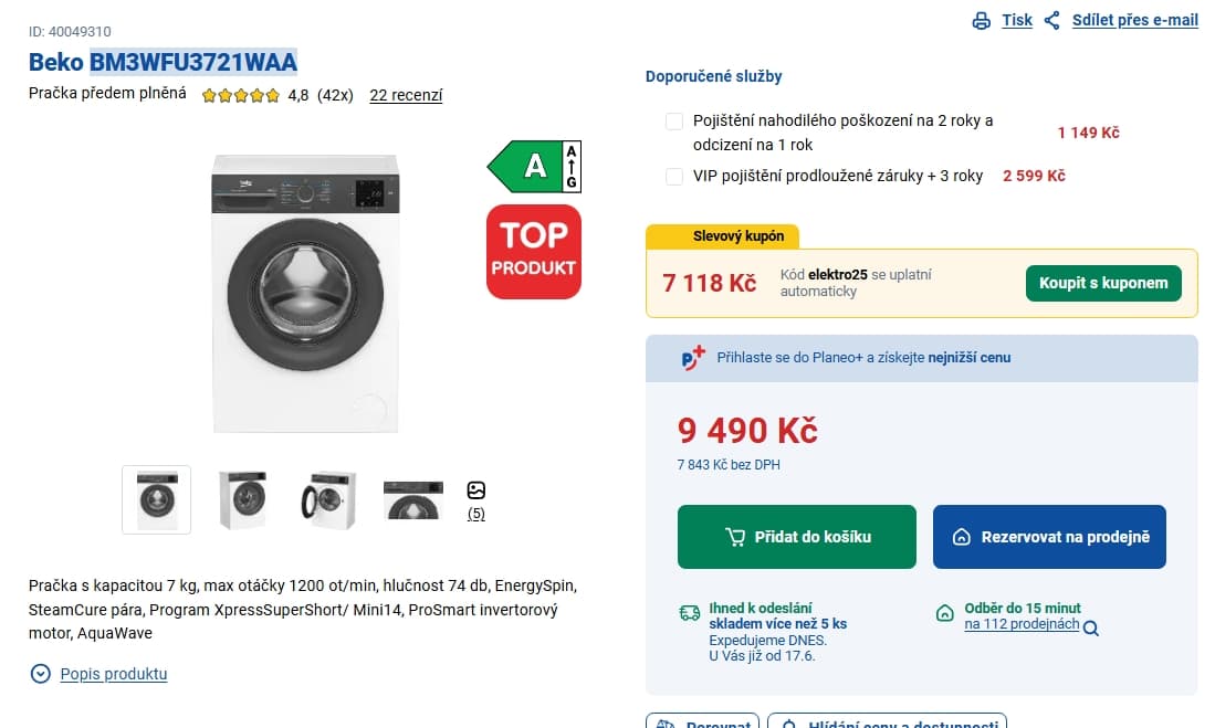 Pračka Beko, 7 kg, 1 200 ot./min, A
