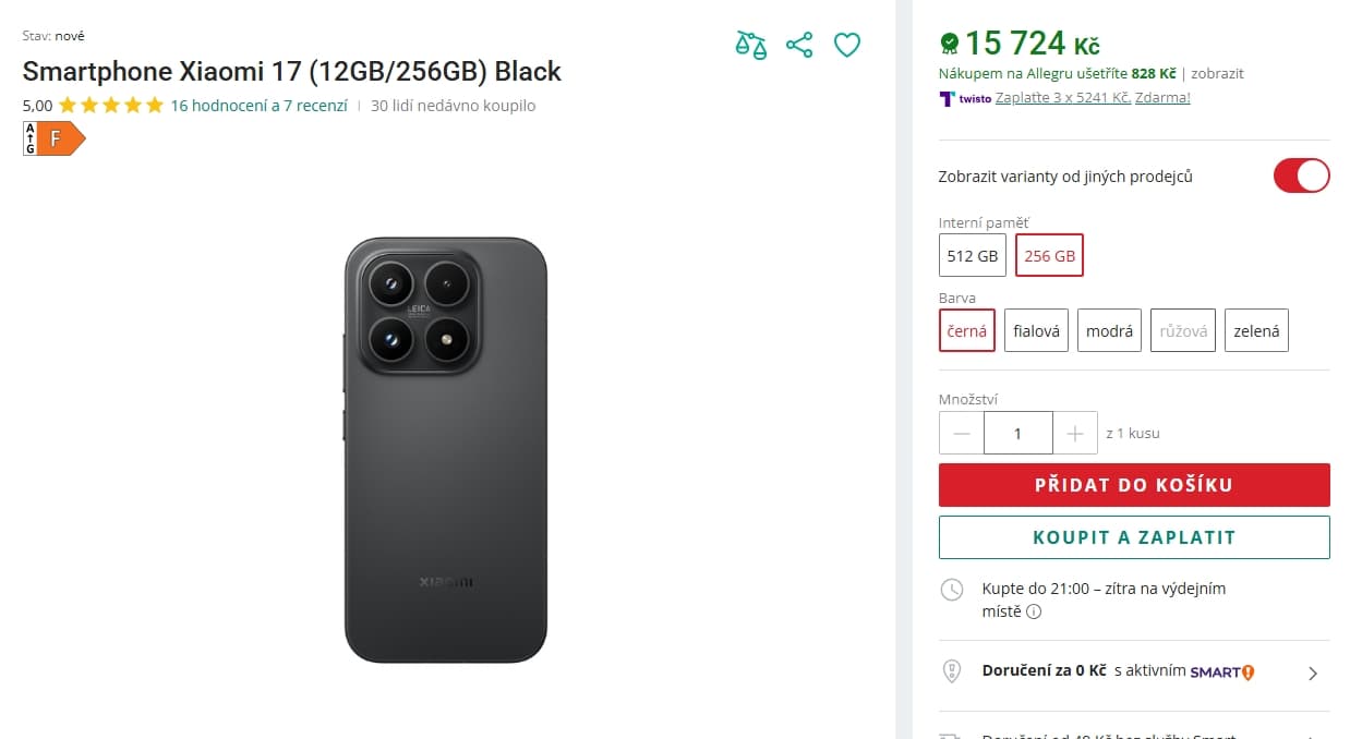 Xiaomi 17 - 8x 4,6 GHz, 12/256 GB, 6,3"