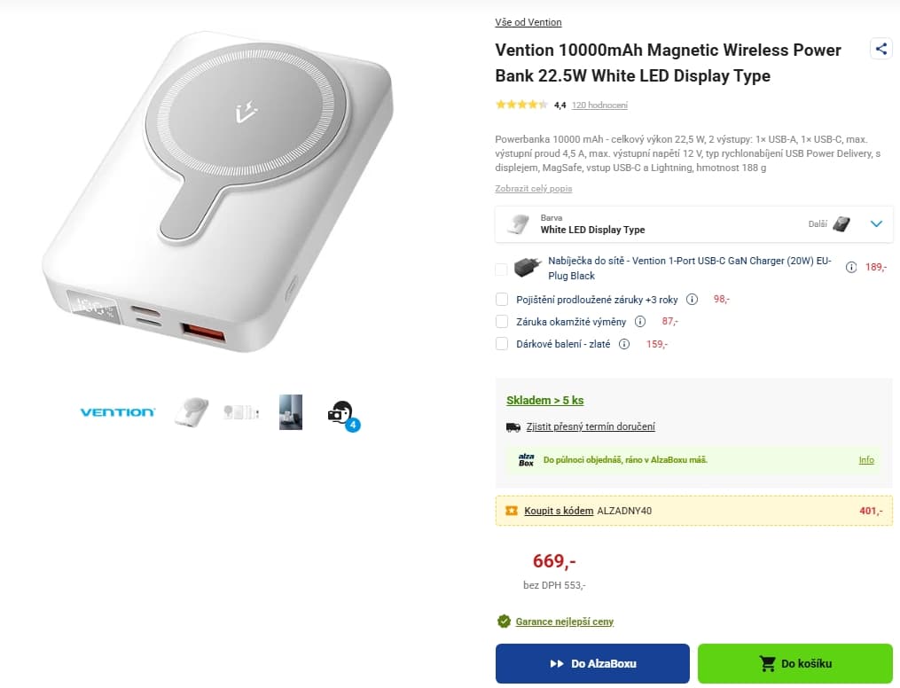 Powerbanka 10000 mAh Vention 22.5W