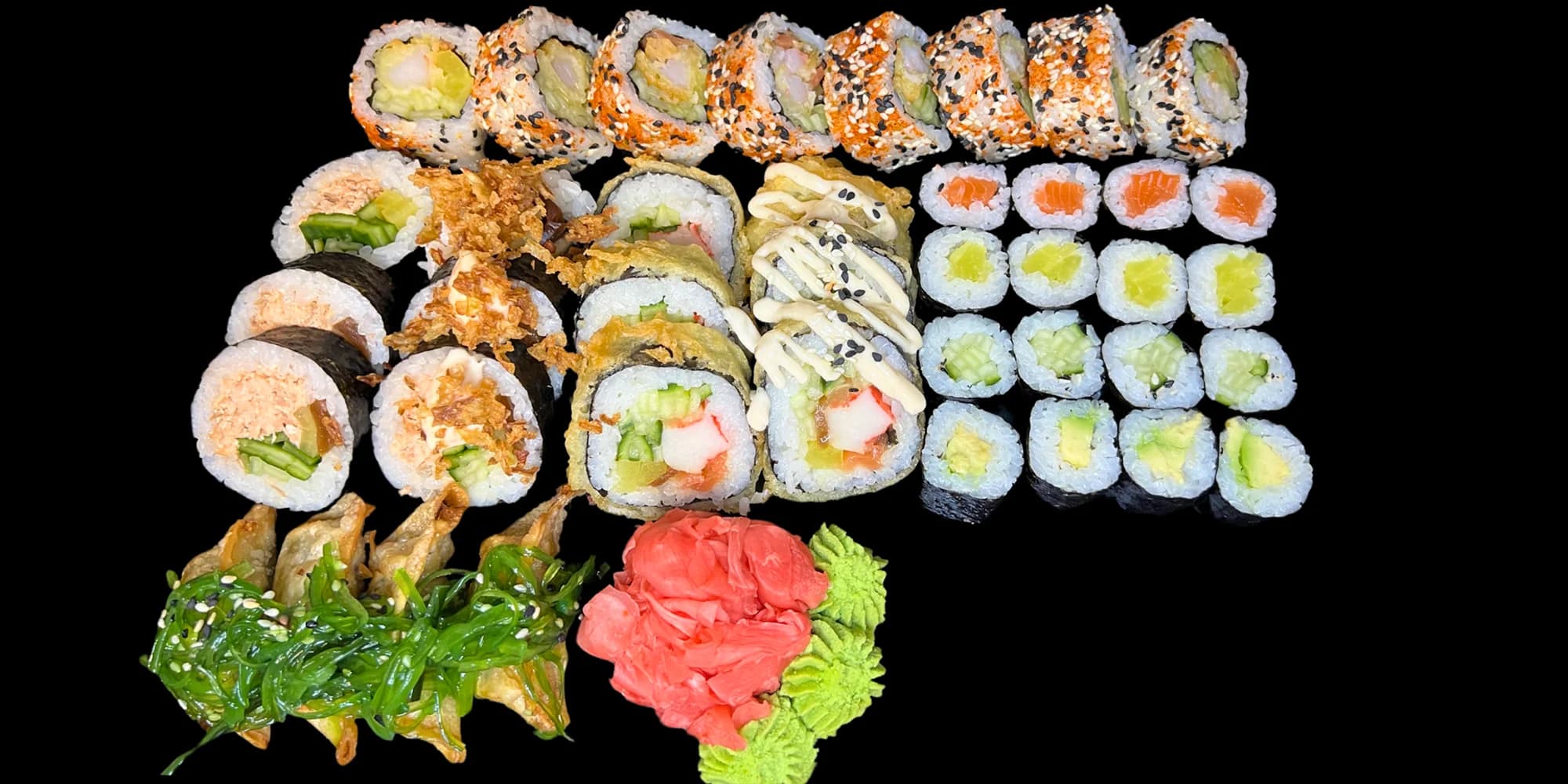 Nadupané sushi sety na odnos s sebou: 36 až 88 ks i gyoza taštičky, losos, avokádo i okurka