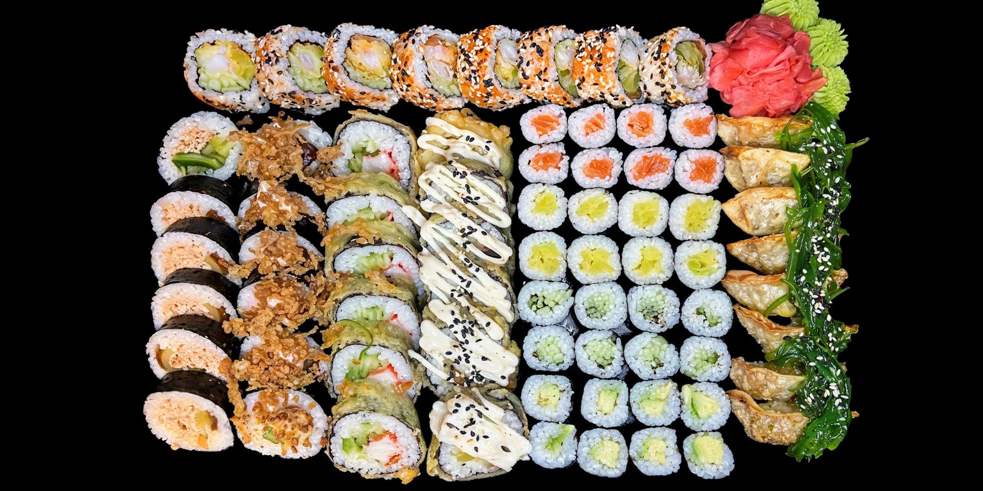 Nadupané sushi sety na odnos s sebou: 36 až 88 ks i gyoza taštičky, losos, avokádo i okurka