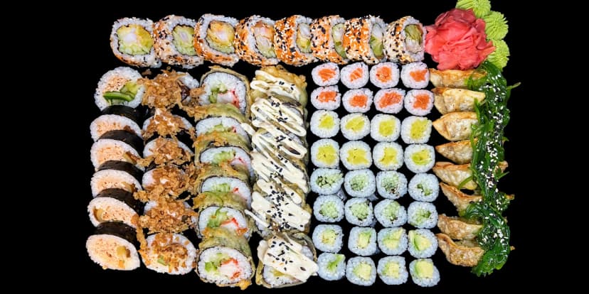 Nadupané sushi sety na odnos s sebou: 36 až 88 ks i gyoza taštičky, losos, avokádo i okurka