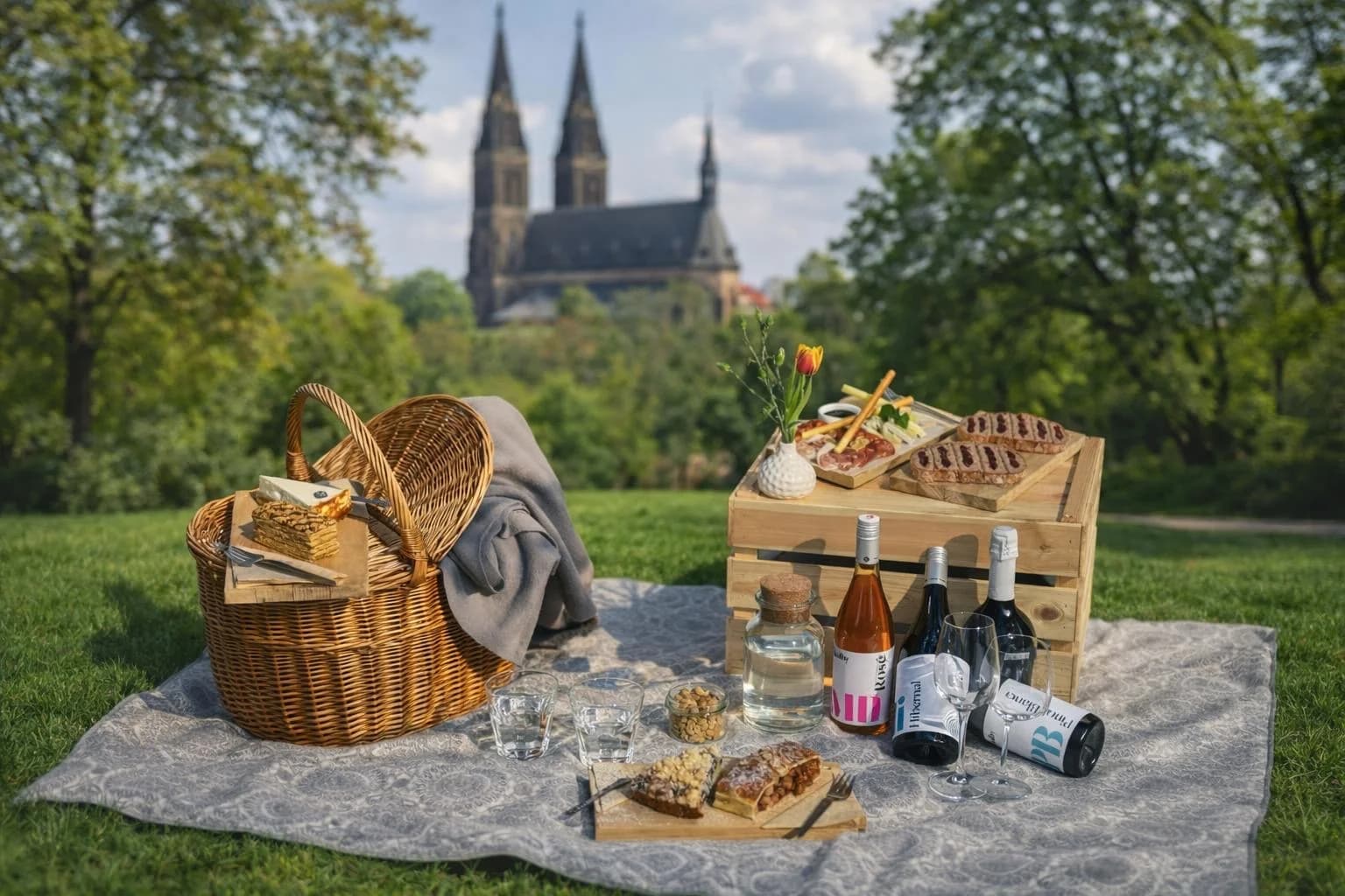 Piknikové koše s výhledem na Vyšehrad pro 2 osoby: pivní, vinný nebo s proseccem