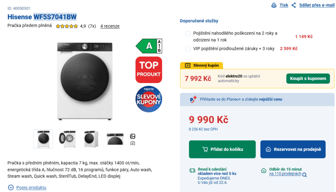 Parní pračka Hisense 7kg, 1400ot., A