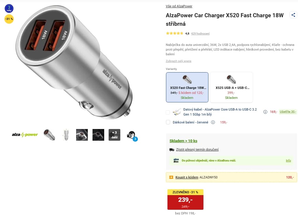 Nabíječka do auta AlzaPower, 18 W