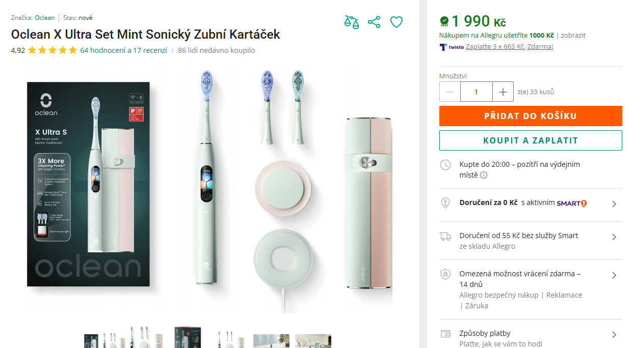 Elektrický sonický kartáček Oclean X Ultra, 5 režimů, 84000