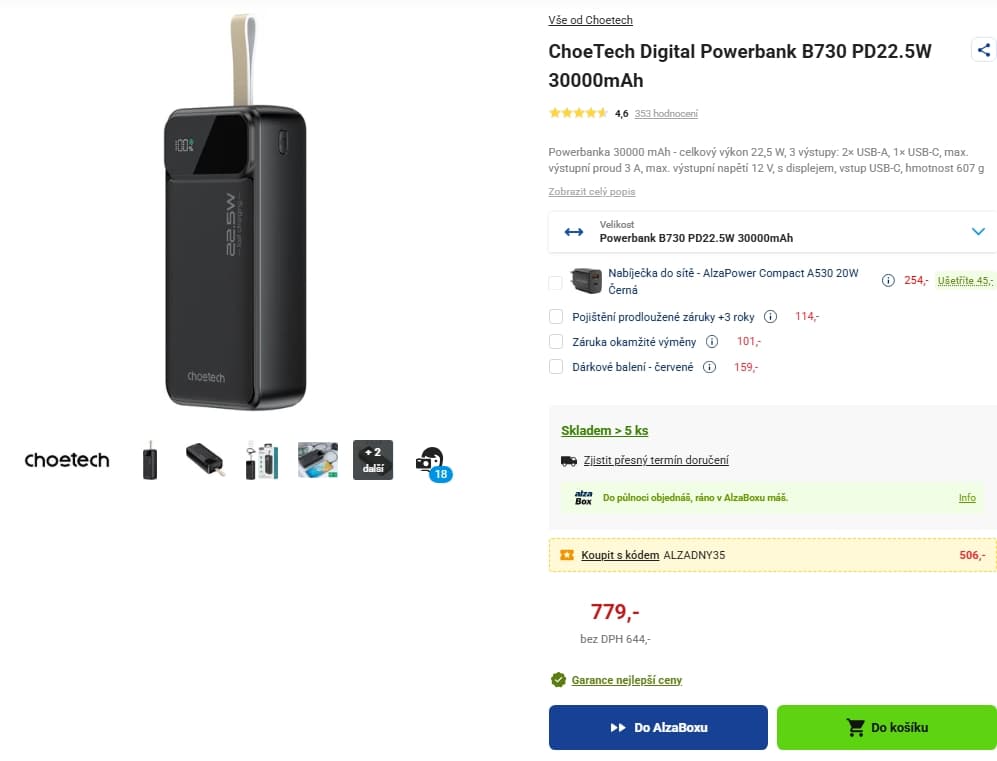 Powerbanka ChoeTech Digital 30000mAh, 22,5 W