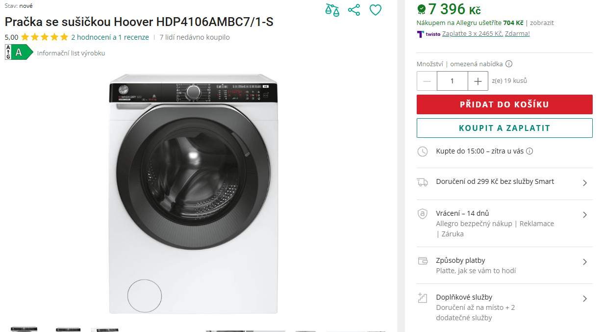 Pračka / Sušička Hoover 10/6kg, 1400ot., pára, Wifi