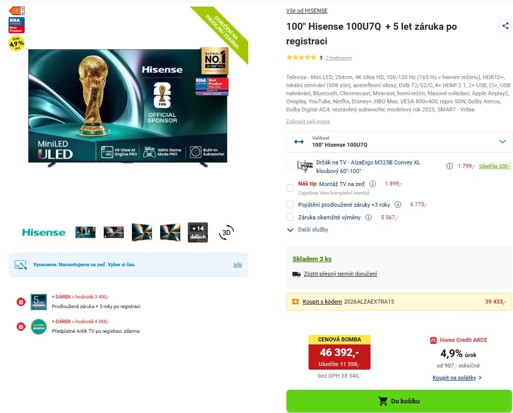 Mini LED 4K TV, Atmos, 165 Hz, 254 cm, Hisense
